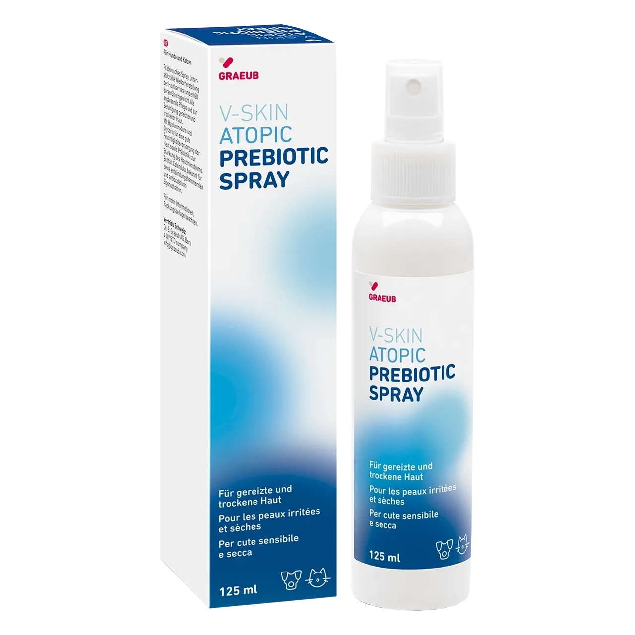 v-skin-atopic-prebiotic-spray-produit-de-soin 125 millilitres spray de V-Skin pour chiens et chats pour le traitement de la dermatite atopique