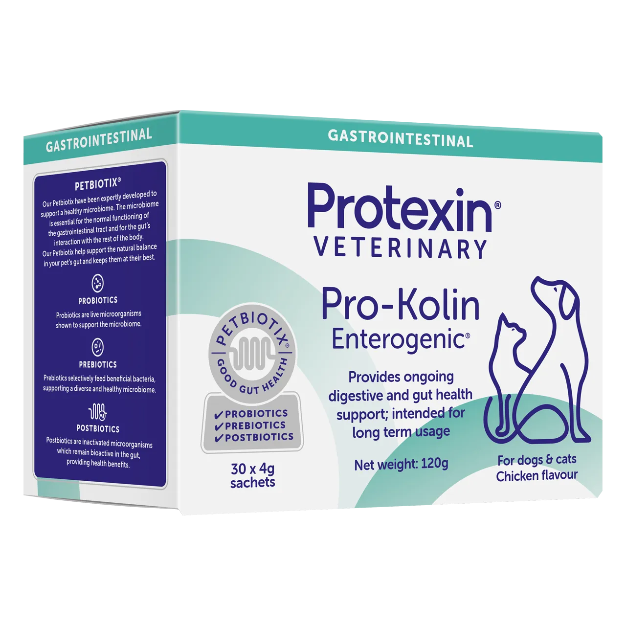 protexin-pro-kolin-enterogenic-aliment-complementaire 120 grammes de complément alimentaire protexin pour chiens et chats, pour soutenir la santé intes-tinale