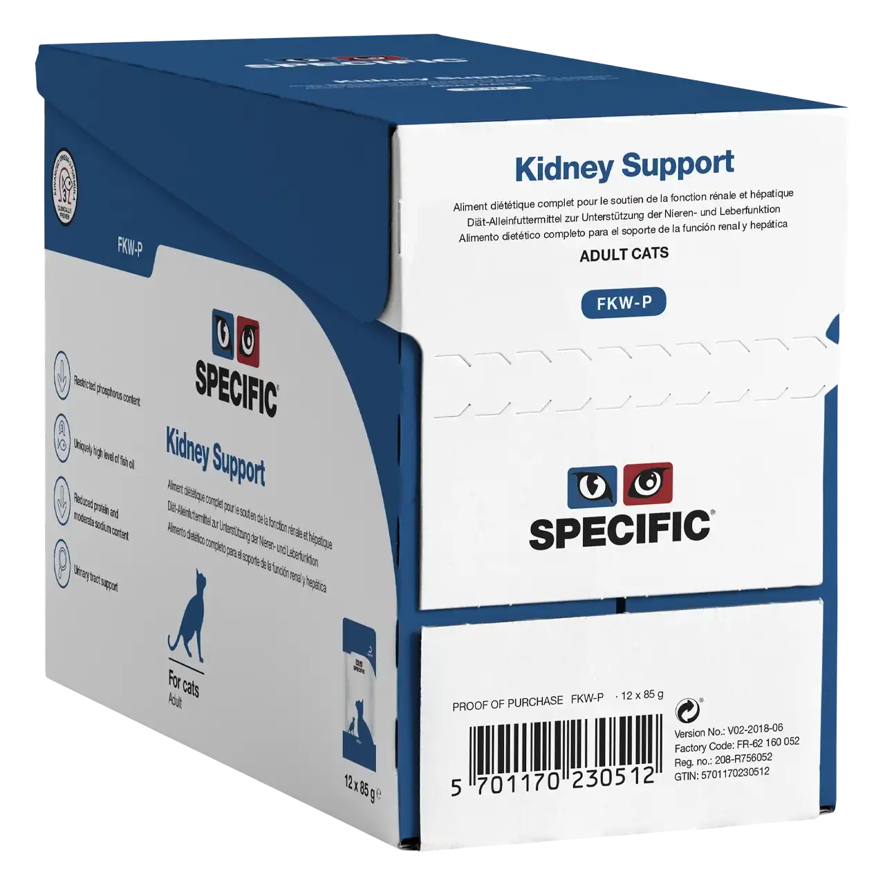 specific-fkw-p-kidney-support-aliments-pour-chats 85 grammes aliment diététique de Specific pour chats adultes, pour le soutien de la fonction rénale et hépatique