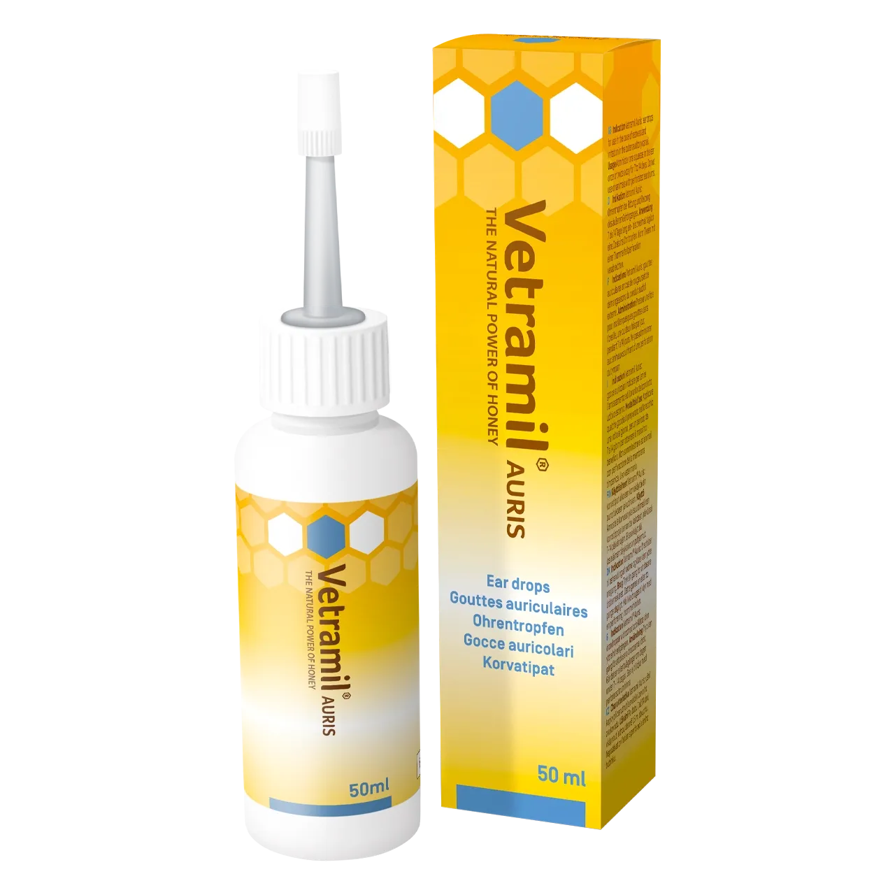 vetramil-auris-gouttes-auriculaires-au-miel 50 millilitres de gouttes auriculaires au miel médical et aux huiles essentielles de Vetramil pour chiens et chats