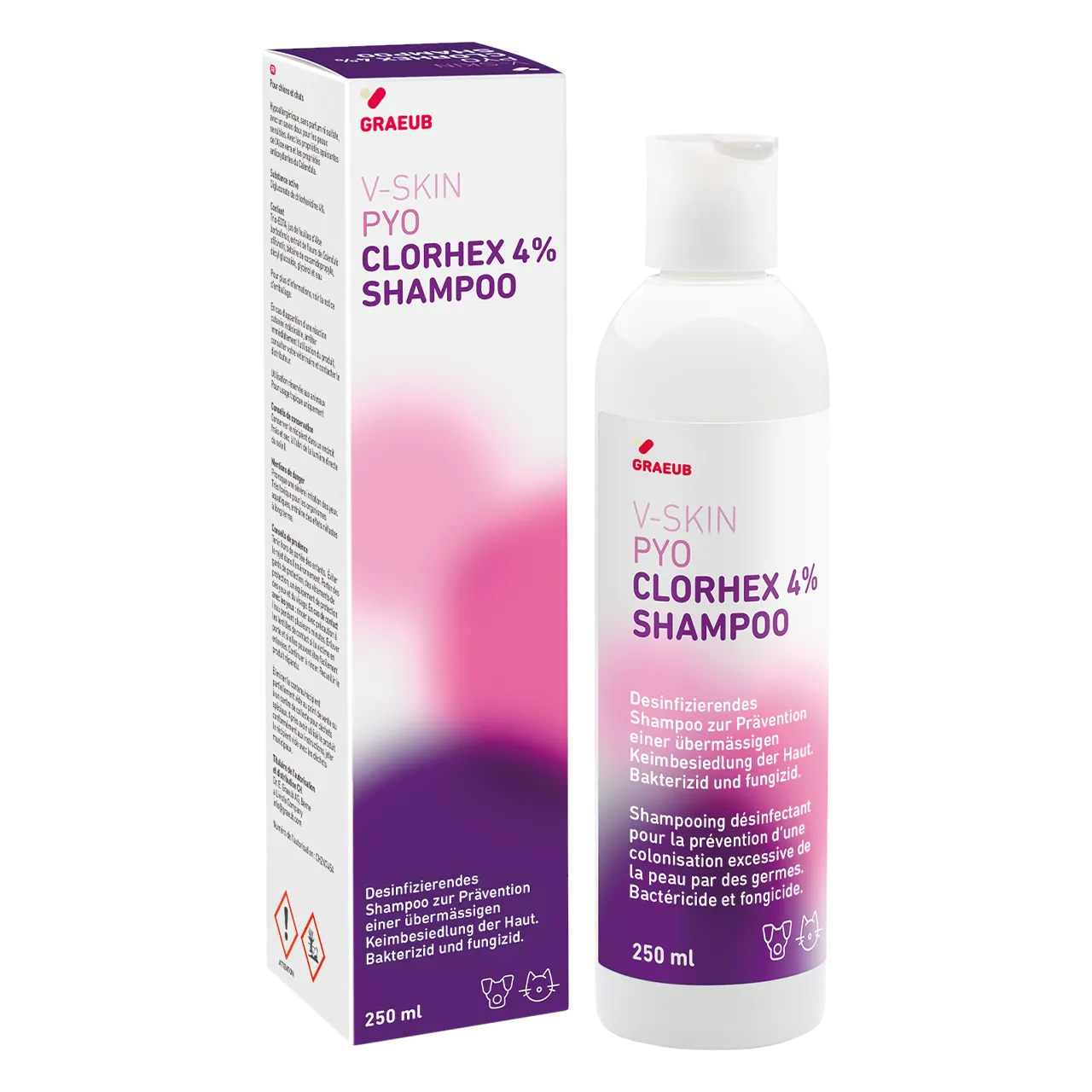 v-skin-pyo-clorhex-4-shampoo-produit-de-soin 250 millilitres shampoo de V-Skin pour chiens et chats pour guérir les infections de la peau