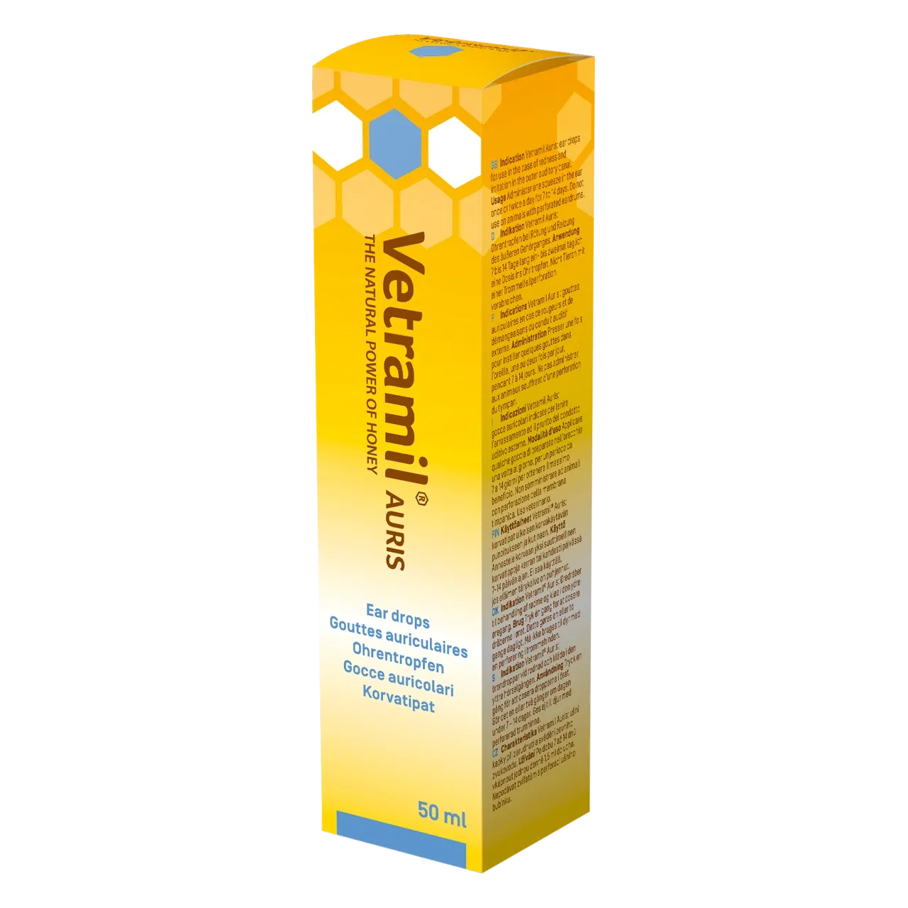 vetramil-auris-gouttes-auriculaires-au-miel 50 millilitres de gouttes auriculaires au miel médical et aux huiles essentielles de Vetramil pour chiens et chats