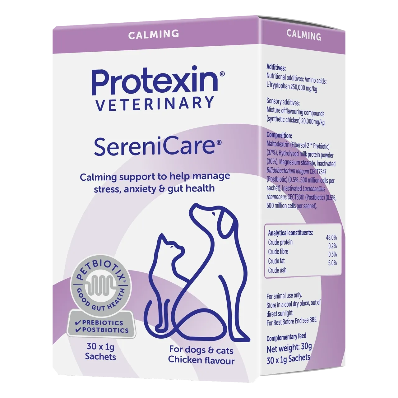 protexin-serenicare-aliment-complementaire 30 grammes de complément alimentaire protexin pour chiens et chats, destiné à réduire le stress et l’anxiété