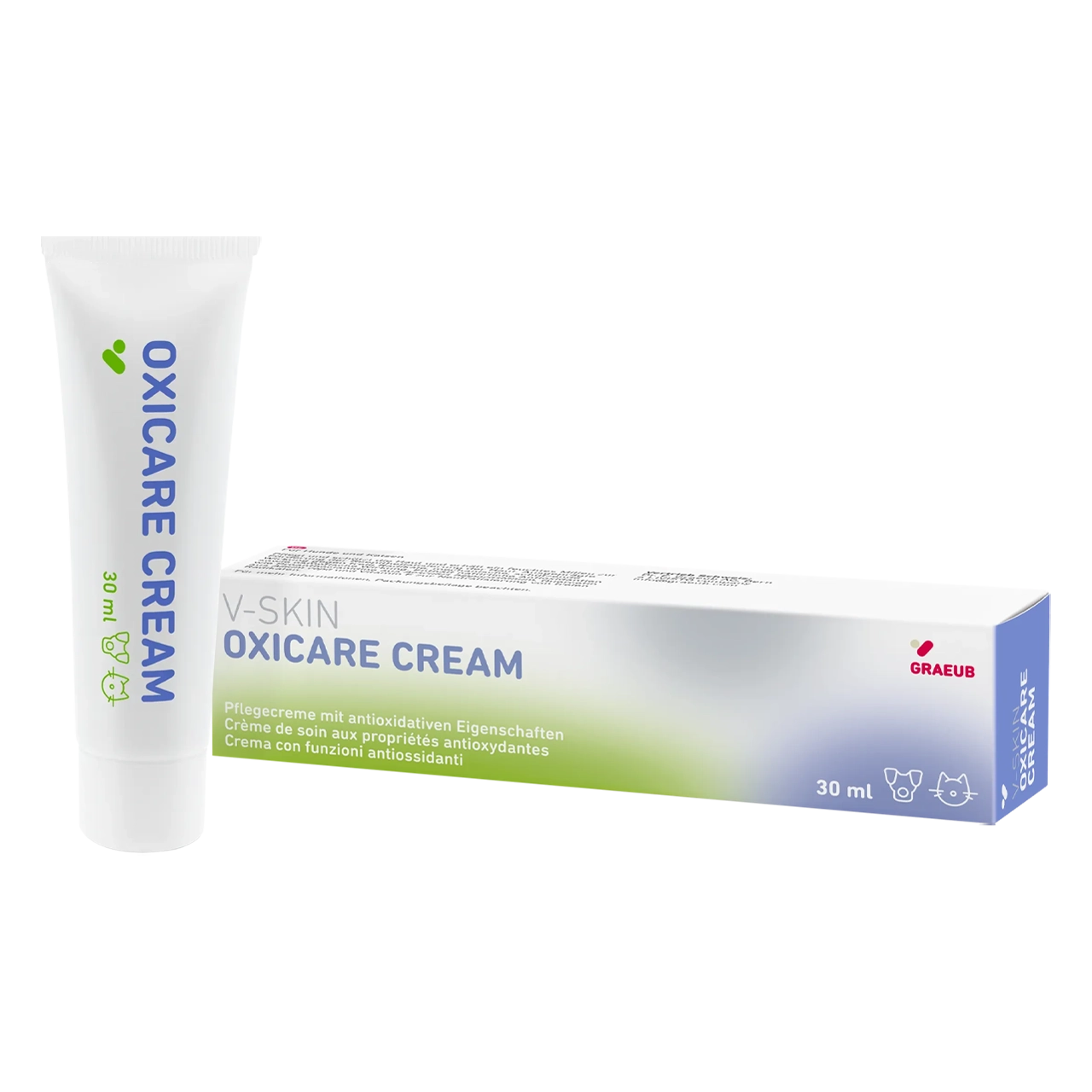v-skin-oxicare-cream-produit-de-soin 30 millilitres crème de soin V-Skin pour chiens et chats favorise la guérison et réduit l’inflammation