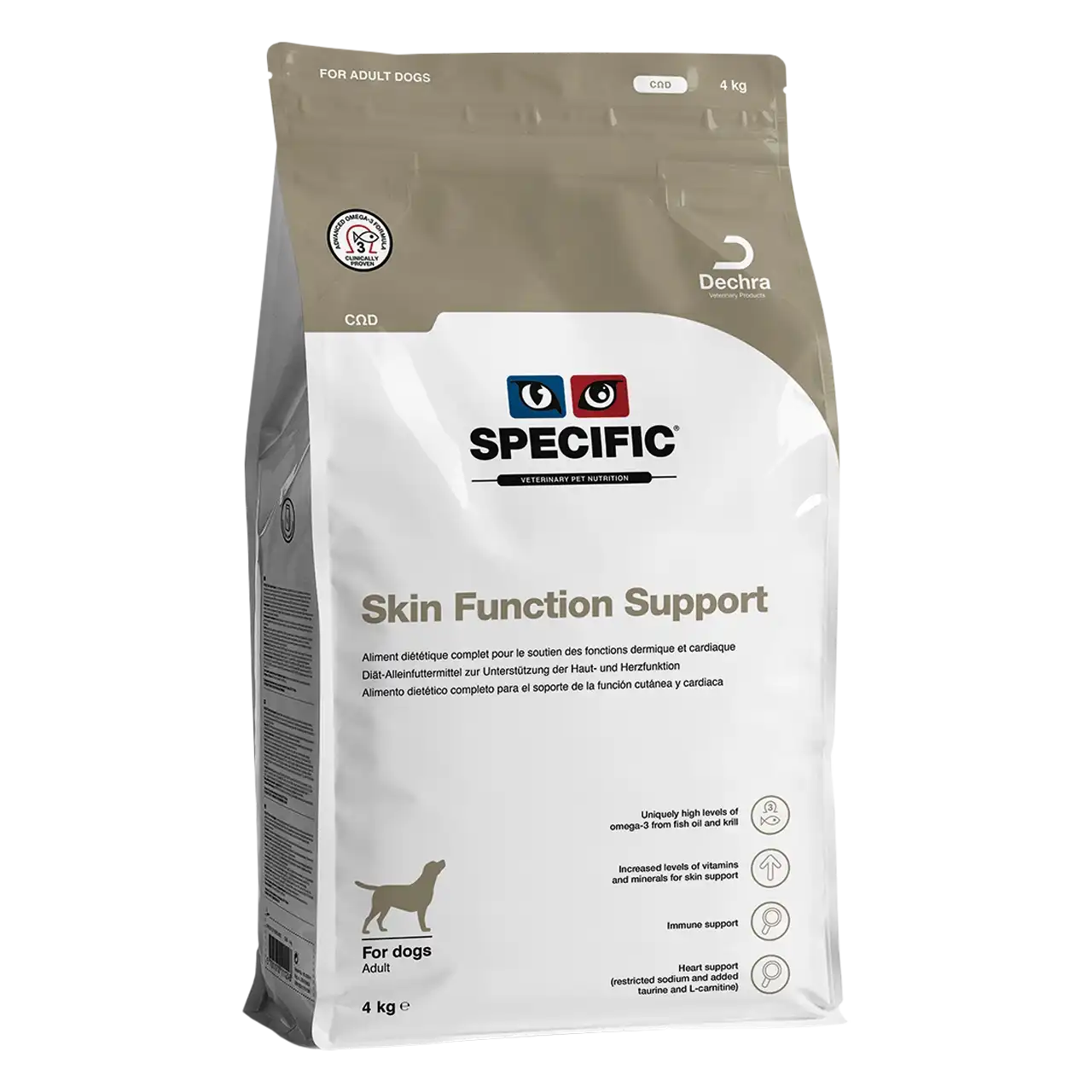 specific-cod-skin-function-support-aliments-pour-chiens 4 kilogrammes aliment diététique de Specific pour chiens adultes, pour le soutien des fonctions dermique et cardiaque