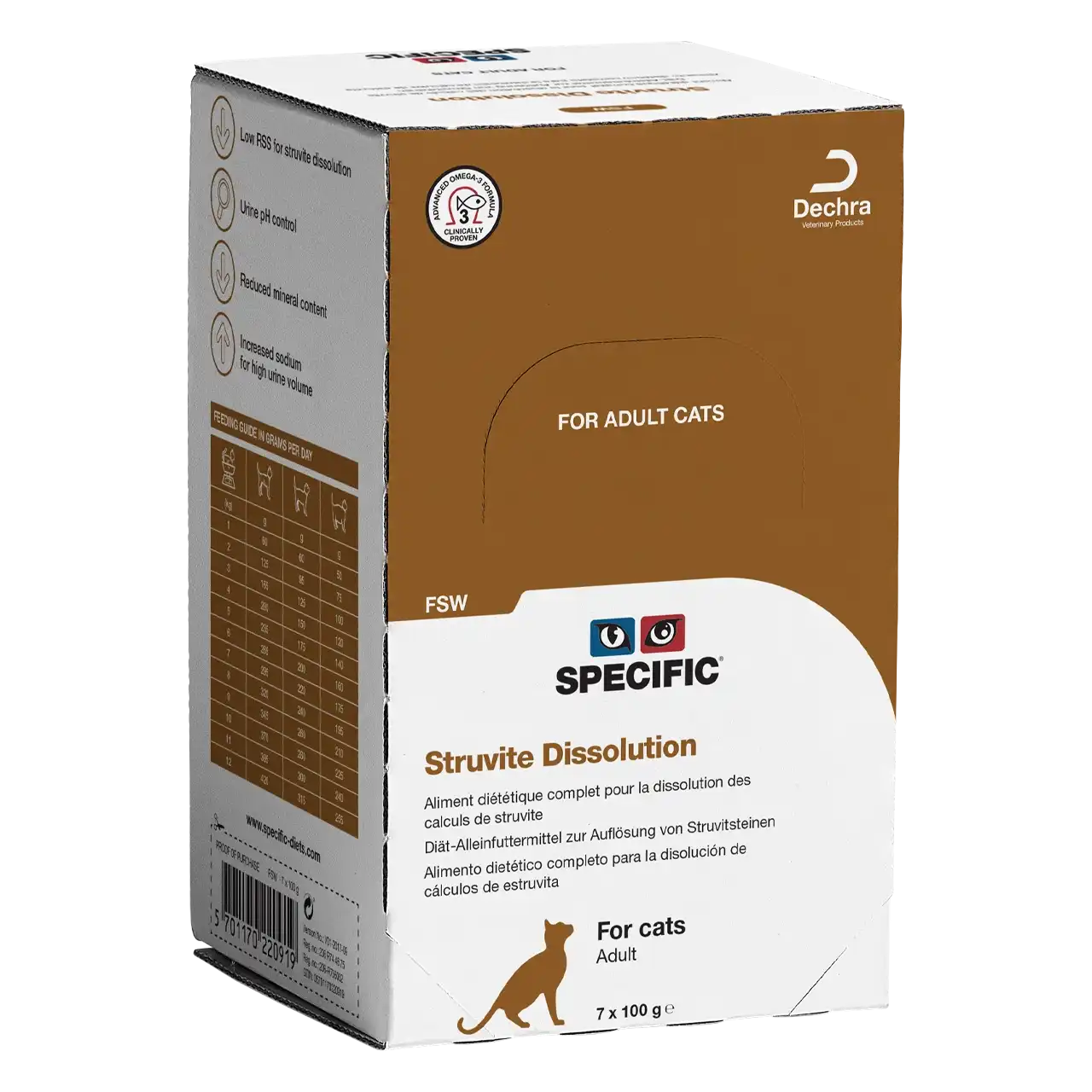 specific-fsw-struvite-dissolution-aliments-pour-chats 100 grammes aliment diététique de Specific pour chats adultes, pour la dissolution des calculs de struvite