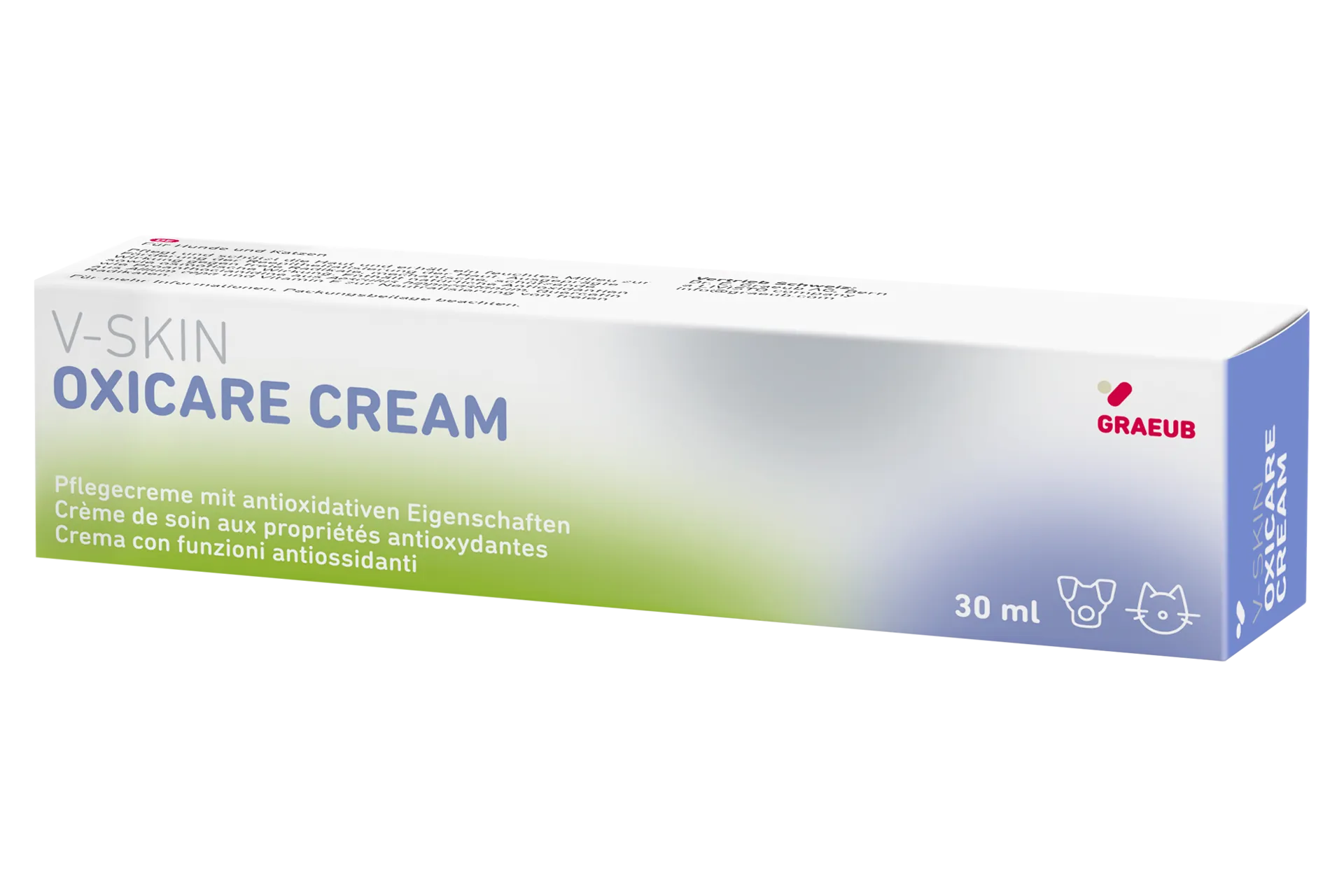 v-skin-oxicare-cream-produit-de-soin 30 millilitres crème de soin V-Skin pour chiens et chats favorise la guérison et réduit l’inflammation